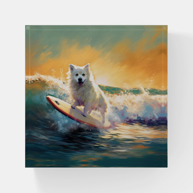 American Eskimo Beach Surfing Painting  Paperweight (Front)