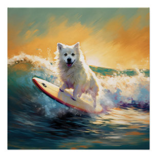 American Eskimo Beach Surfing Painting Poster