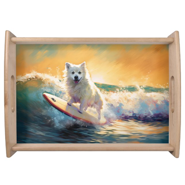 American Eskimo Beach Surfing Painting  Serving Tray (Front)