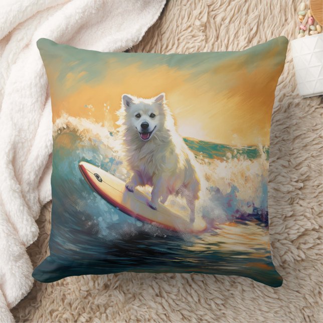 American Eskimo Beach Surfing Painting  Throw Pillow (Blanket)