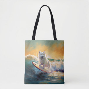 American Eskimo Beach Surfing Painting Tote Bag