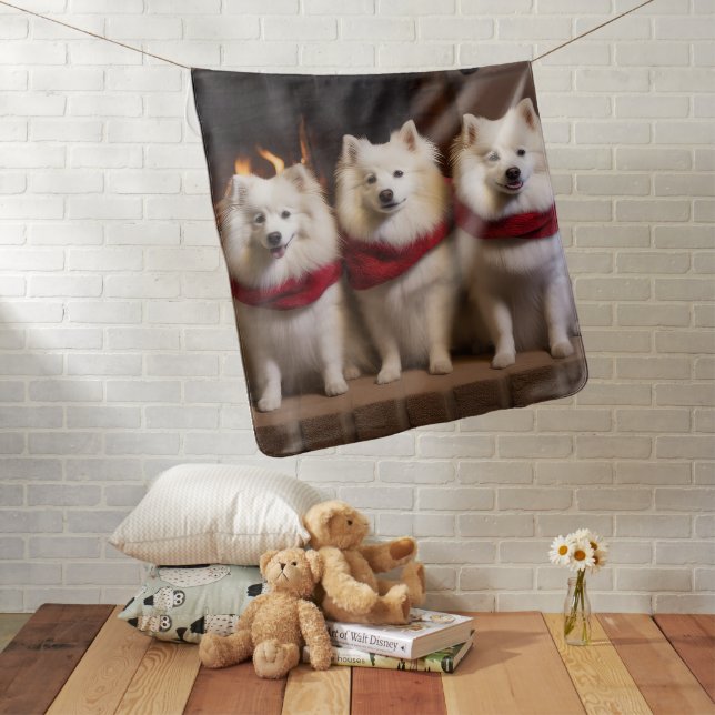 American Eskimo by the Fireplace Christmas Baby Blanket (In Situ)
