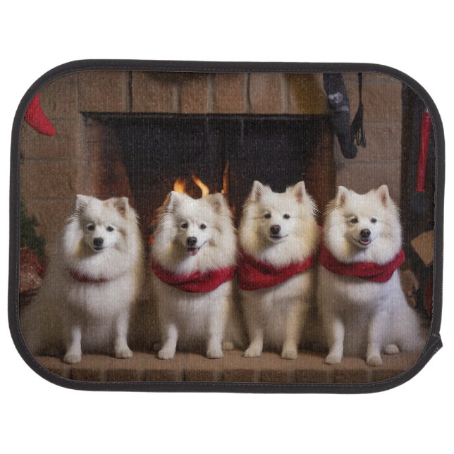 American Eskimo by the Fireplace Christmas Car Floor Mat (Rear)