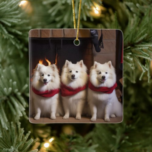 American Eskimo by the Fireplace Christmas Ceramic Ornament