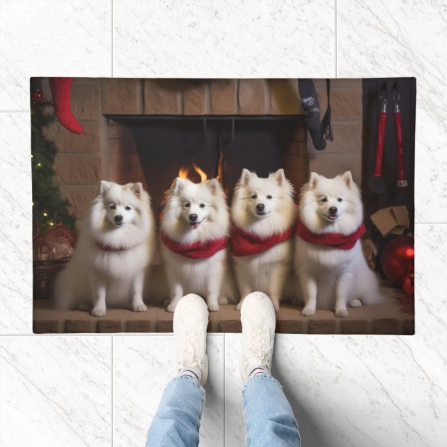 American Eskimo by the Fireplace Christmas Doormat (Indoor)