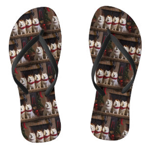 American Eskimo by the Fireplace Christmas Flip Flops