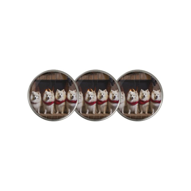 American Eskimo by the Fireplace Christmas Golf Ball Marker (3 Up)