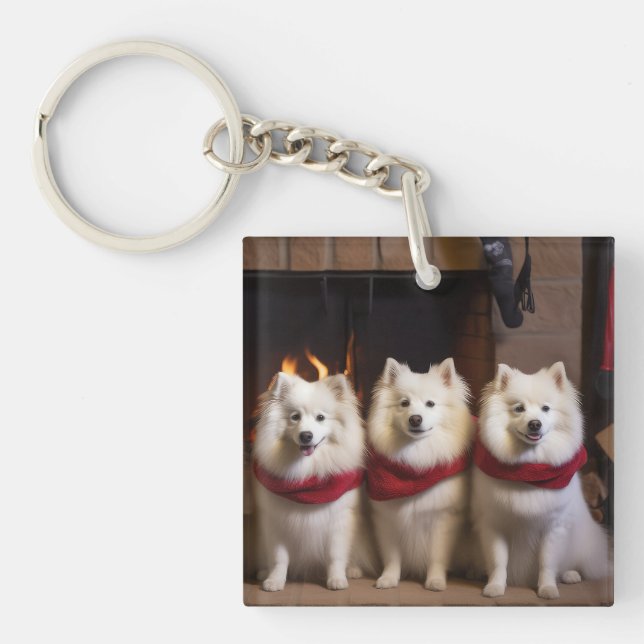 American Eskimo by the Fireplace Christmas Keychain (Front)