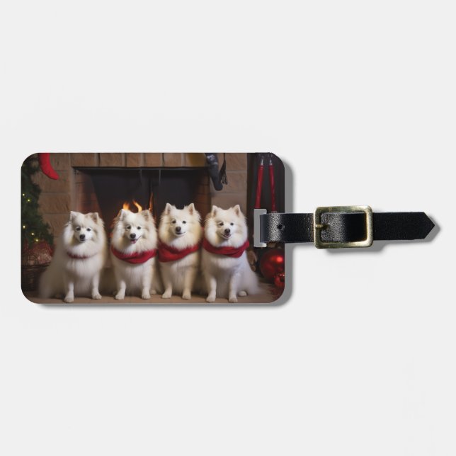 American Eskimo by the Fireplace Christmas Luggage Tag (Front Horizontal)