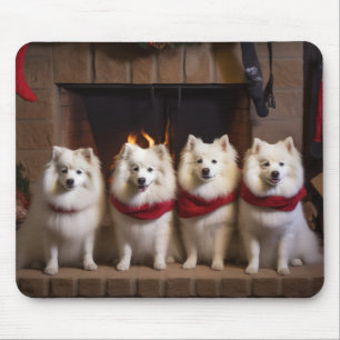 American Eskimo by the Fireplace Christmas Mouse Pad