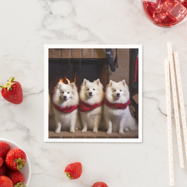 American Eskimo by the Fireplace Christmas Napkins (Insitu)