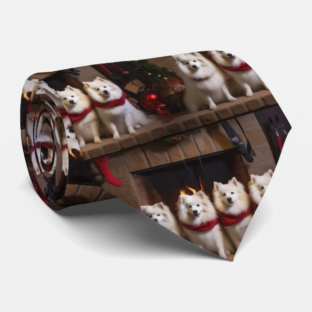 American Eskimo by the Fireplace Christmas Neck Tie (Rolled)