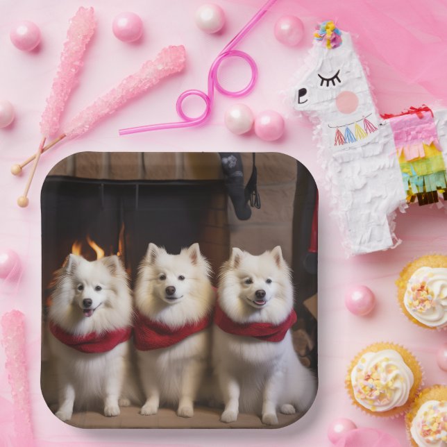 American Eskimo by the Fireplace Christmas Paper Plates (Party)