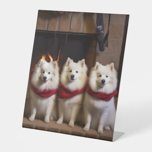 American Eskimo by the Fireplace Christmas Pedestal Sign