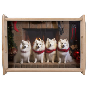 American Eskimo by the Fireplace Christmas Serving Tray