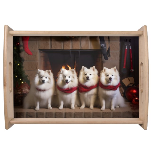 American Eskimo by the Fireplace Christmas Serving Tray (Front)