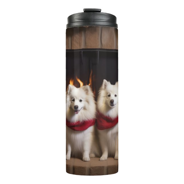 American Eskimo by the Fireplace Christmas Thermal Tumbler (Front)