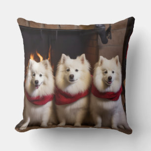 American Eskimo by the Fireplace Christmas Throw Pillow