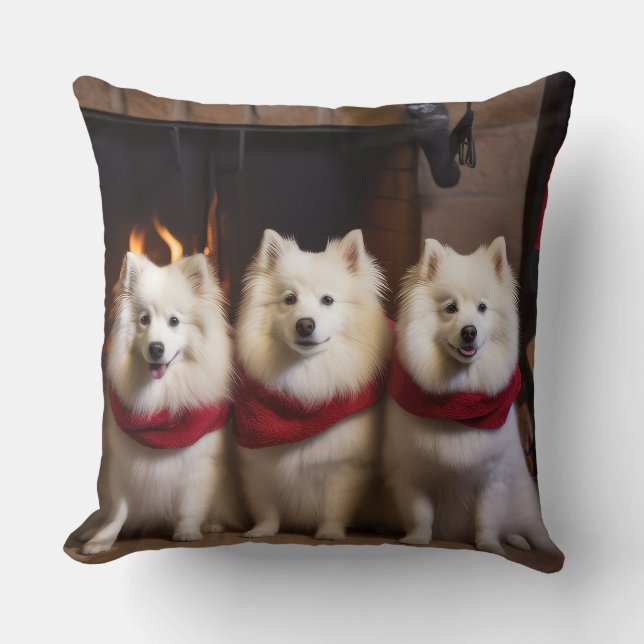 American Eskimo by the Fireplace Christmas Throw Pillow (Front)