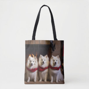 American Eskimo by the Fireplace Christmas Tote Bag