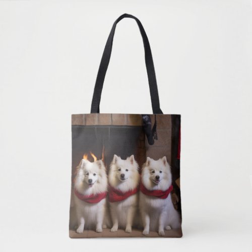 American Eskimo by the Fireplace Christmas Tote Bag