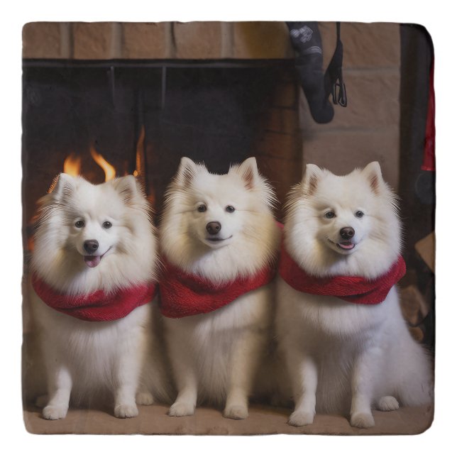 American Eskimo by the Fireplace Christmas Trivet (Front)