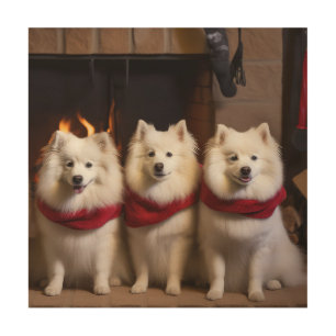 American Eskimo by the Fireplace Christmas Wood Wall Art