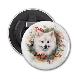 American Eskimo Christmas Wreath Festive Pup Bottle Opener