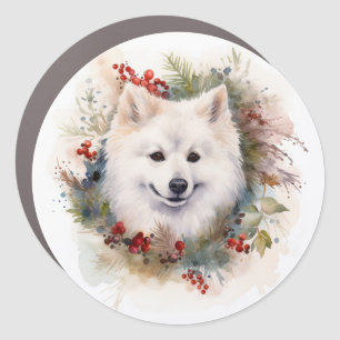 American Eskimo Christmas Wreath Festive Pup Car Magnet