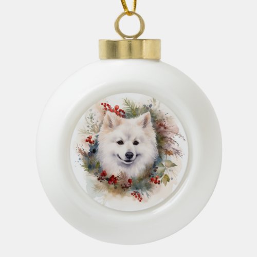 American Eskimo Christmas Wreath Festive Pup Ceramic Ball Christmas Ornament