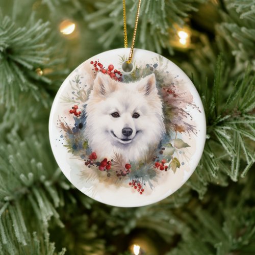 American Eskimo Christmas Wreath Festive Pup Ceramic Ornament