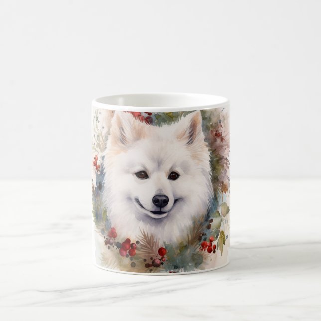 American Eskimo Christmas Wreath Festive Pup Coffee Mug (Center)