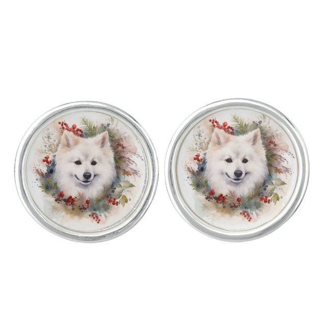 American Eskimo Christmas Wreath Festive Pup Cufflinks (Front)