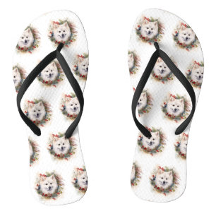 American Eskimo Christmas Wreath Festive Pup Flip Flops
