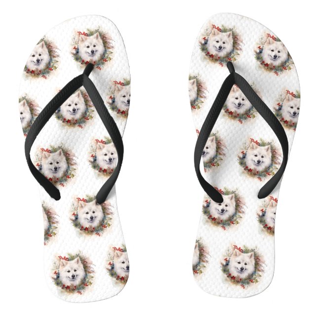 American Eskimo Christmas Wreath Festive Pup Flip Flops (Footbed)