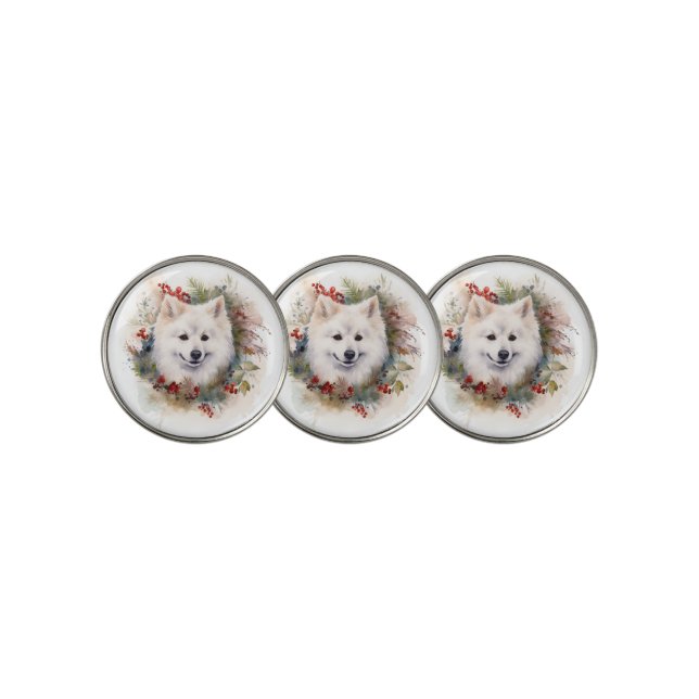 American Eskimo Christmas Wreath Festive Pup Golf Ball Marker (3 Up)