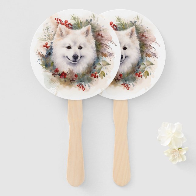 American Eskimo Christmas Wreath Festive Pup Hand Fan (Front and Back)