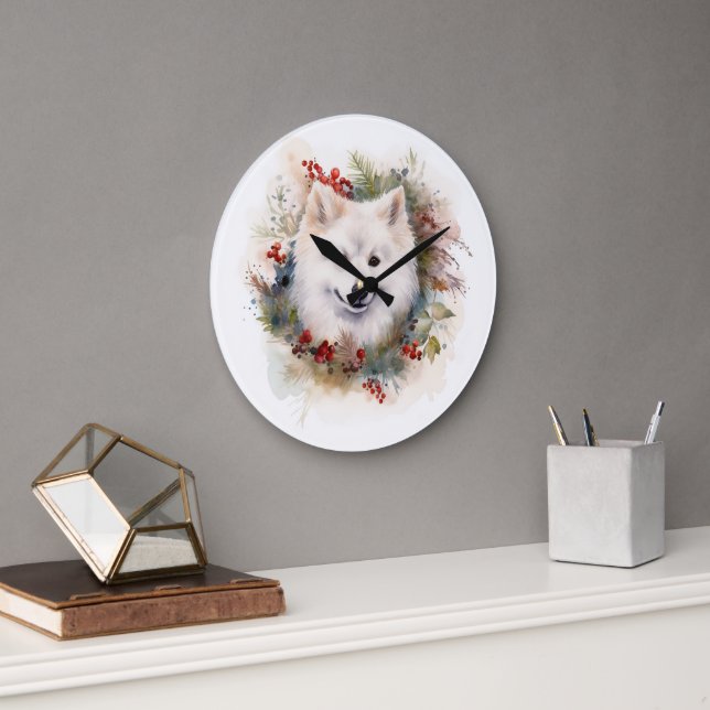 American Eskimo Christmas Wreath Festive Pup Large Clock (Office)