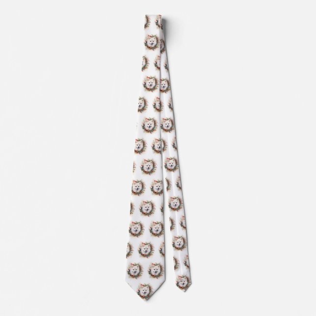 American Eskimo Christmas Wreath Festive Pup Neck Tie (Front)