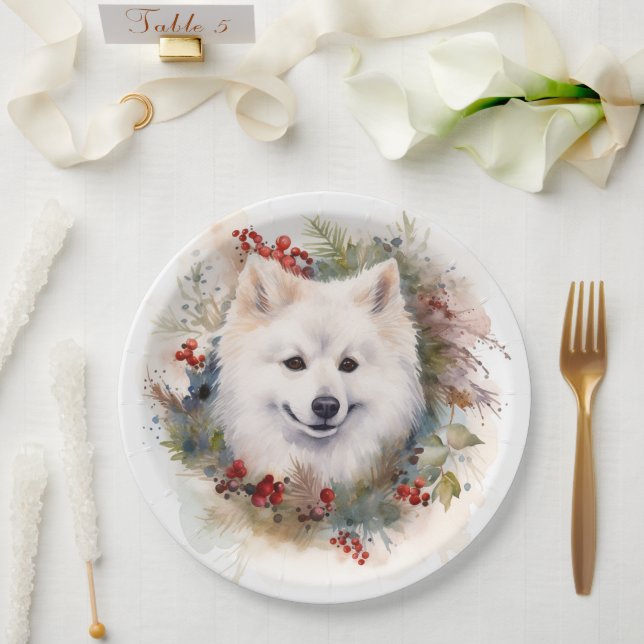 American Eskimo Christmas Wreath Festive Pup Paper Plates (Wedding)