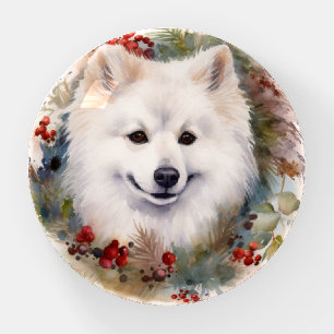 American Eskimo Christmas Wreath Festive Pup Paperweight