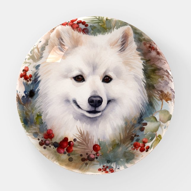 American Eskimo Christmas Wreath Festive Pup Paperweight (Front)