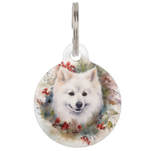 American Eskimo Christmas Wreath Festive Pup Pet ID Tag
