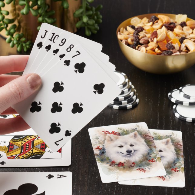 American Eskimo Christmas Wreath Festive Pup Poker Cards (In Situ)
