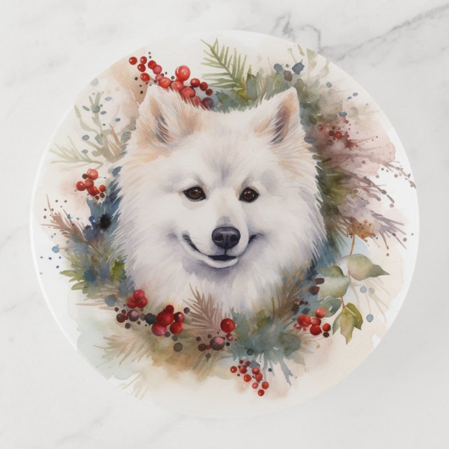 American Eskimo Christmas Wreath Festive Pup Trinket Tray (Front)