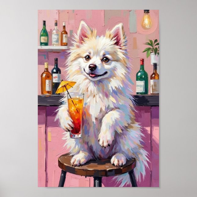 American Eskimo Dog Bar Scene, Funny Drinking Dog Poster (Front)