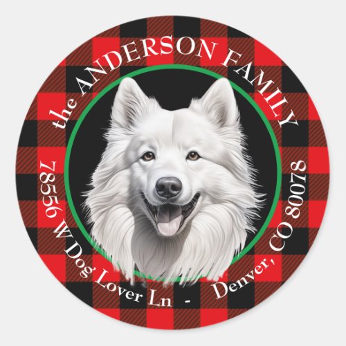 American Eskimo Dog Buffalo Plaid Return Address Classic Round Sticker