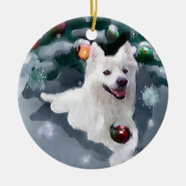 American Eskimo Dog Christmas Ceramic Ornament (Front)