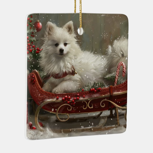 American Eskimo Dog Christmas Festive  Ceramic Ornament (Right)