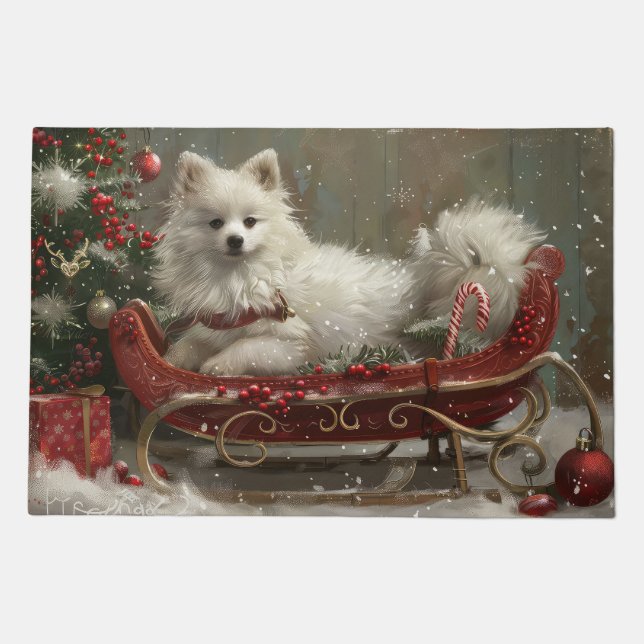 American Eskimo Dog Christmas Festive  Doormat (Front)